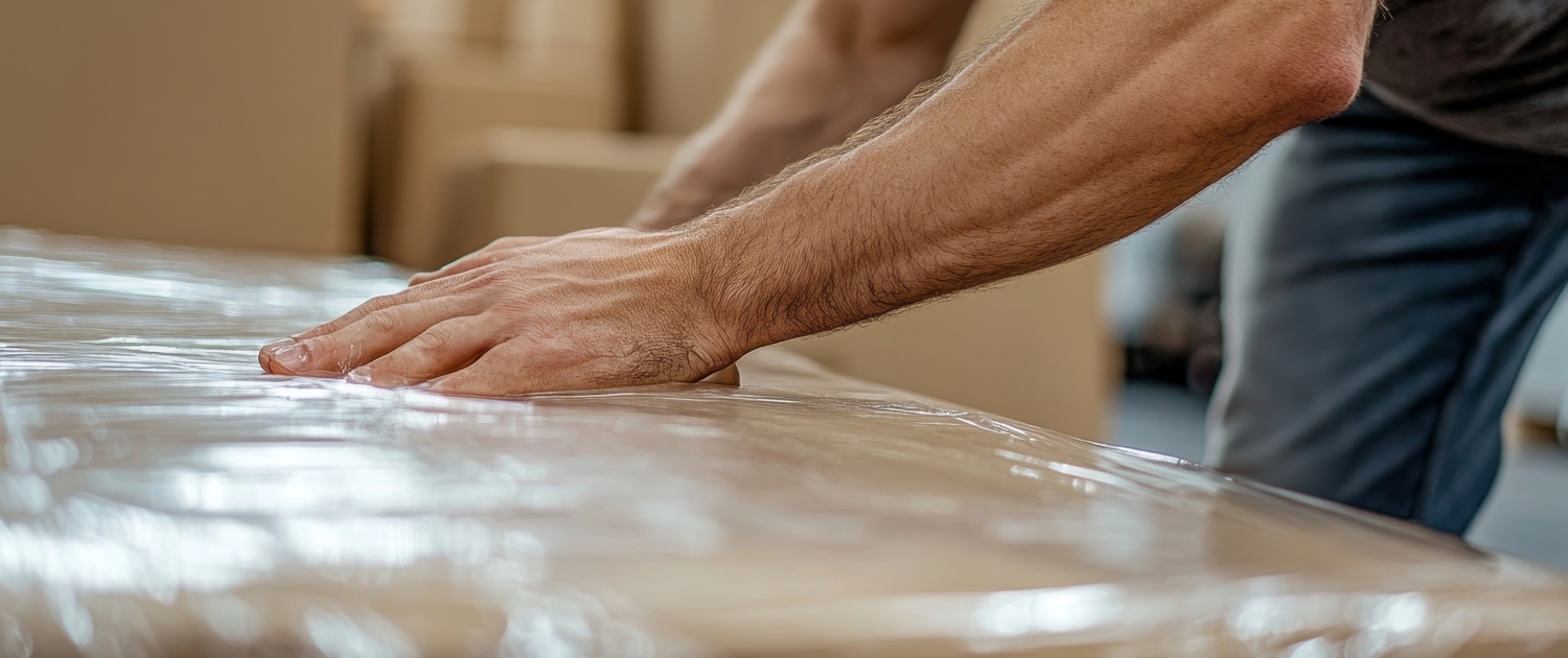 Mover securing a box with plastic wrap, part of I Love Moving’s secure packing solutions.