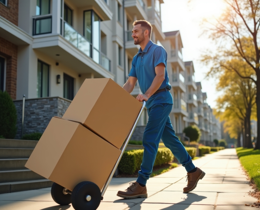 Professional mover pushing boxes on a hand truck in a residential area, showcasing I Love Moving’s services.