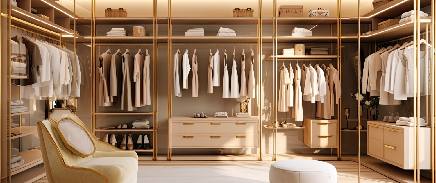 Elegant walk-in closet, highlighting I Love Moving’s specialized handling of high-value items during relocations.
