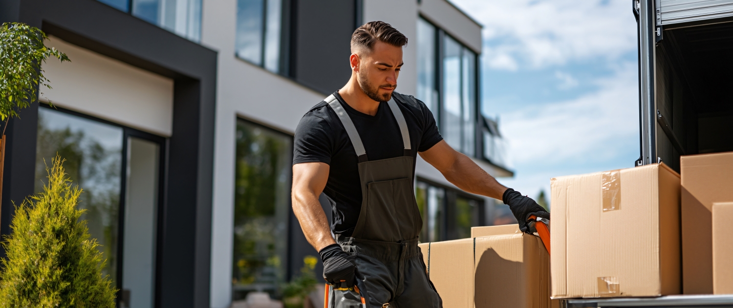 Mover carefully handling boxes during a residential relocation for I Love Moving clients.