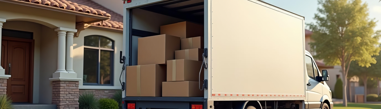Fully packed moving truck parked in a suburban driveway, showcasing residential moving services by I Love Moving.