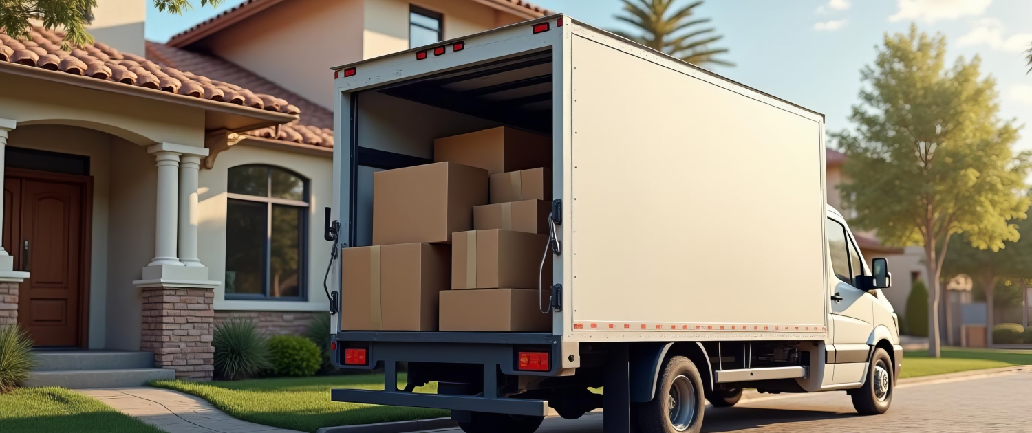 Residential Moving Services in Suburban Florida Fully packed moving truck parked in a suburban driveway, showcasing residential moving services by I Love Moving.