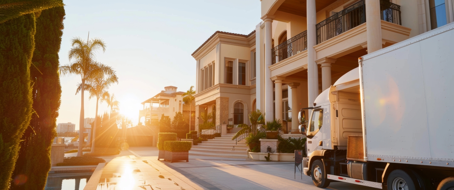 Professional Movers Unloading Truck in Luxurious Residential Area at Sunset I Love Moving truck parked outside a luxury home in Florida at sunset, ready for a residential relocation.